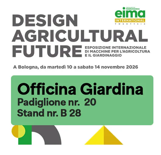 Officina Giardina a EIMA International 2026, Bologna dal 10 al 14 novembre, padiglione 20, stand B 28